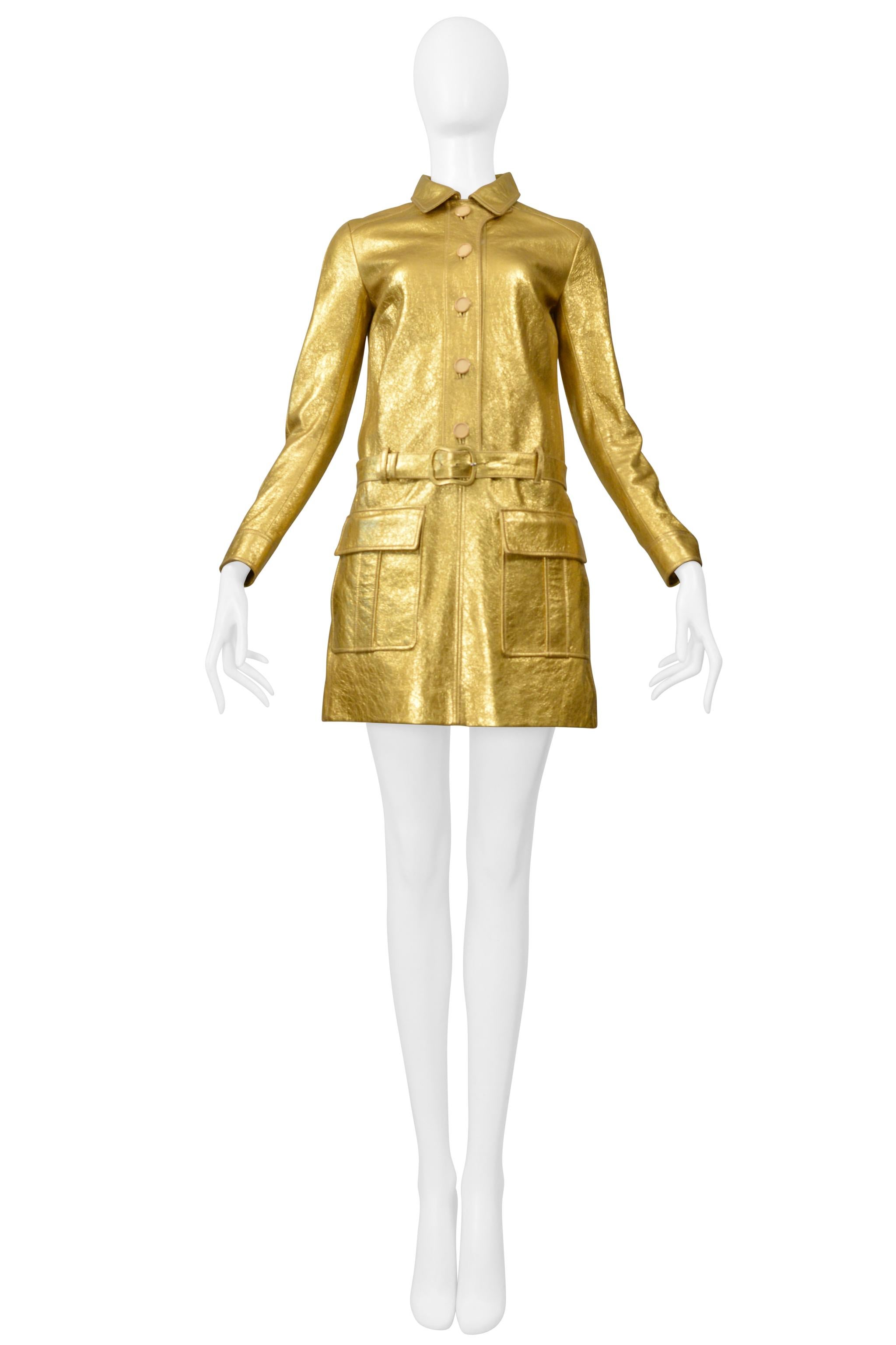 Brown Saint Laurent Paris By Hedi Slimane Gold Leather Moto Mini Dress 2014 For Sale