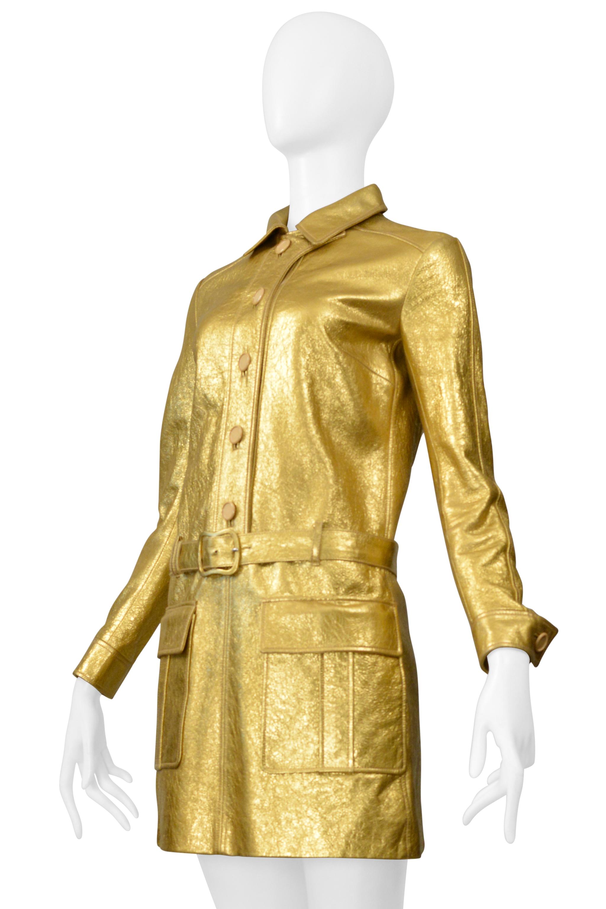 Saint Laurent Paris By Hedi Slimane Gold Leather Moto Mini Dress 2014 In Excellent Condition For Sale In Los Angeles, CA