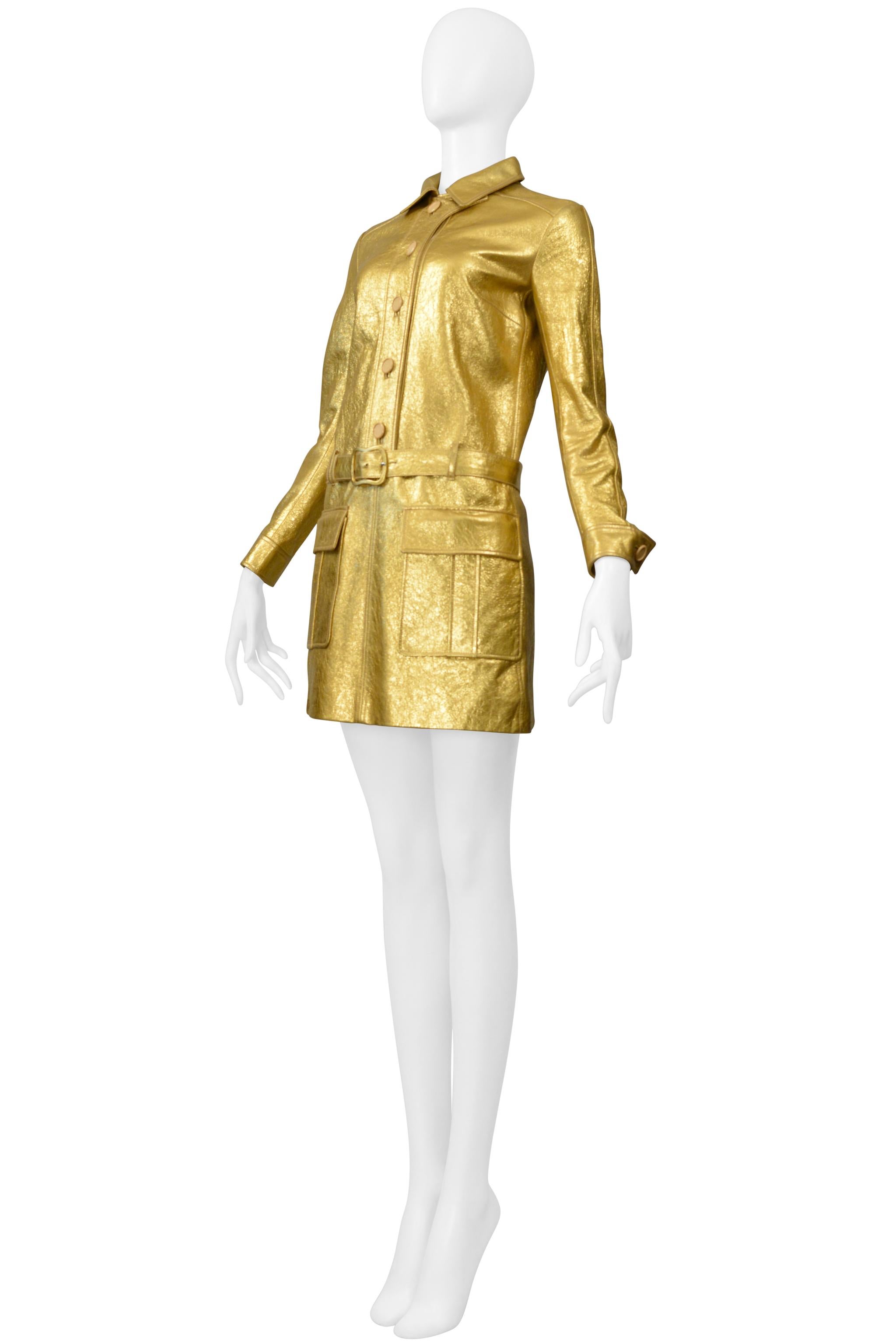 Women's Saint Laurent Paris By Hedi Slimane Gold Leather Moto Mini Dress 2014 For Sale