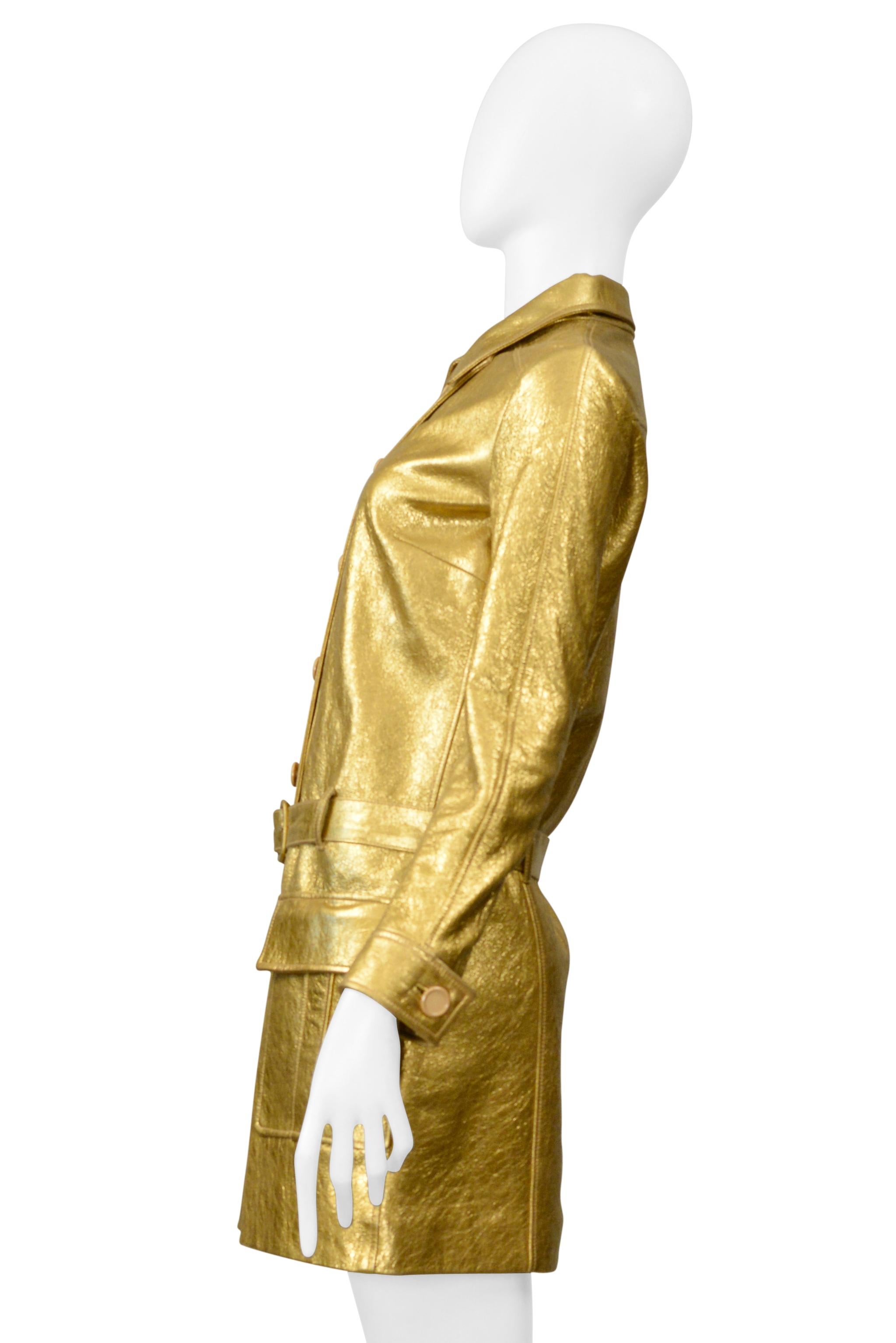 Saint Laurent Paris By Hedi Slimane Gold Leather Moto Mini Dress 2014 For Sale 1