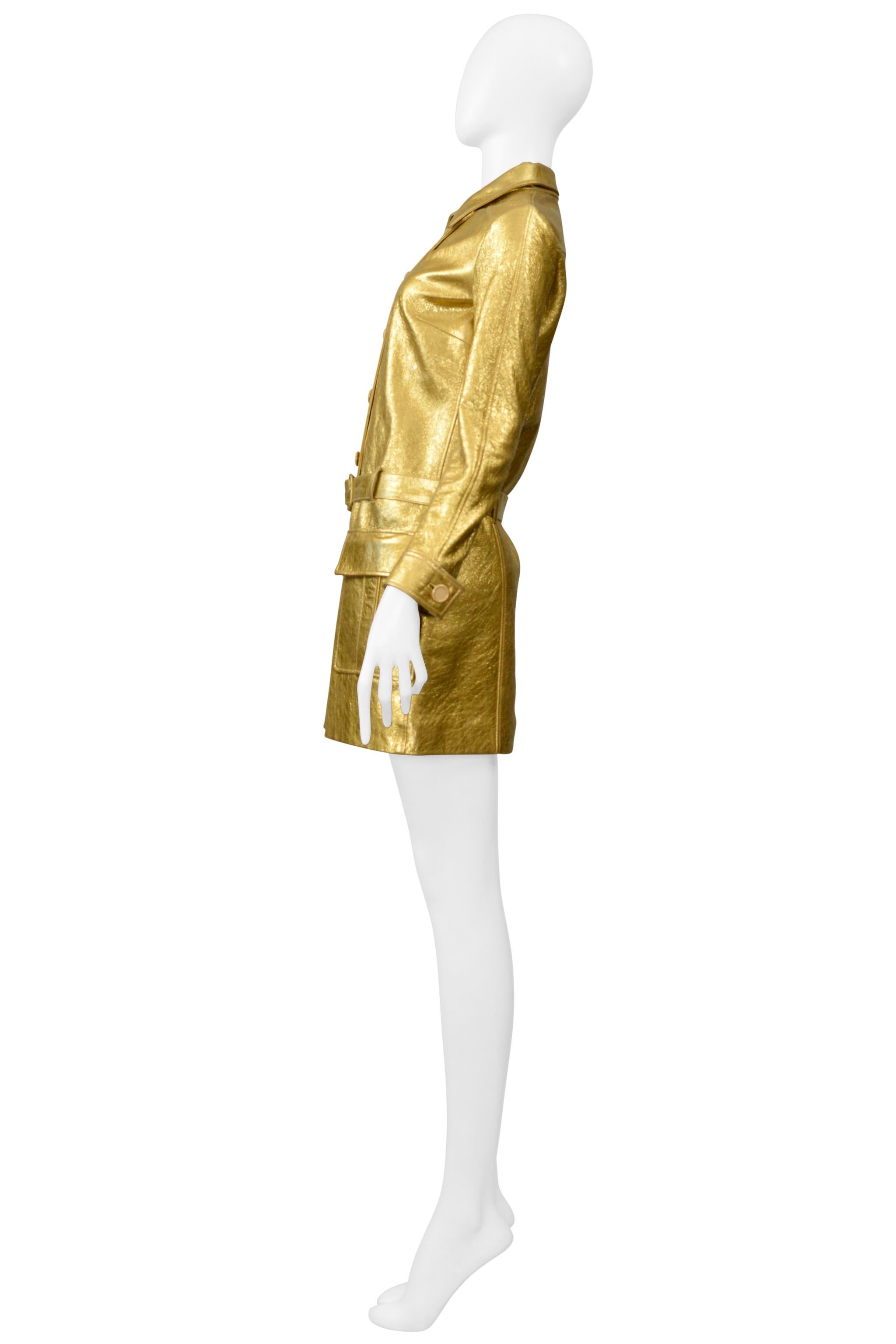 Saint Laurent Paris By Hedi Slimane Gold Leather Moto Mini Dress 2014 For Sale 2