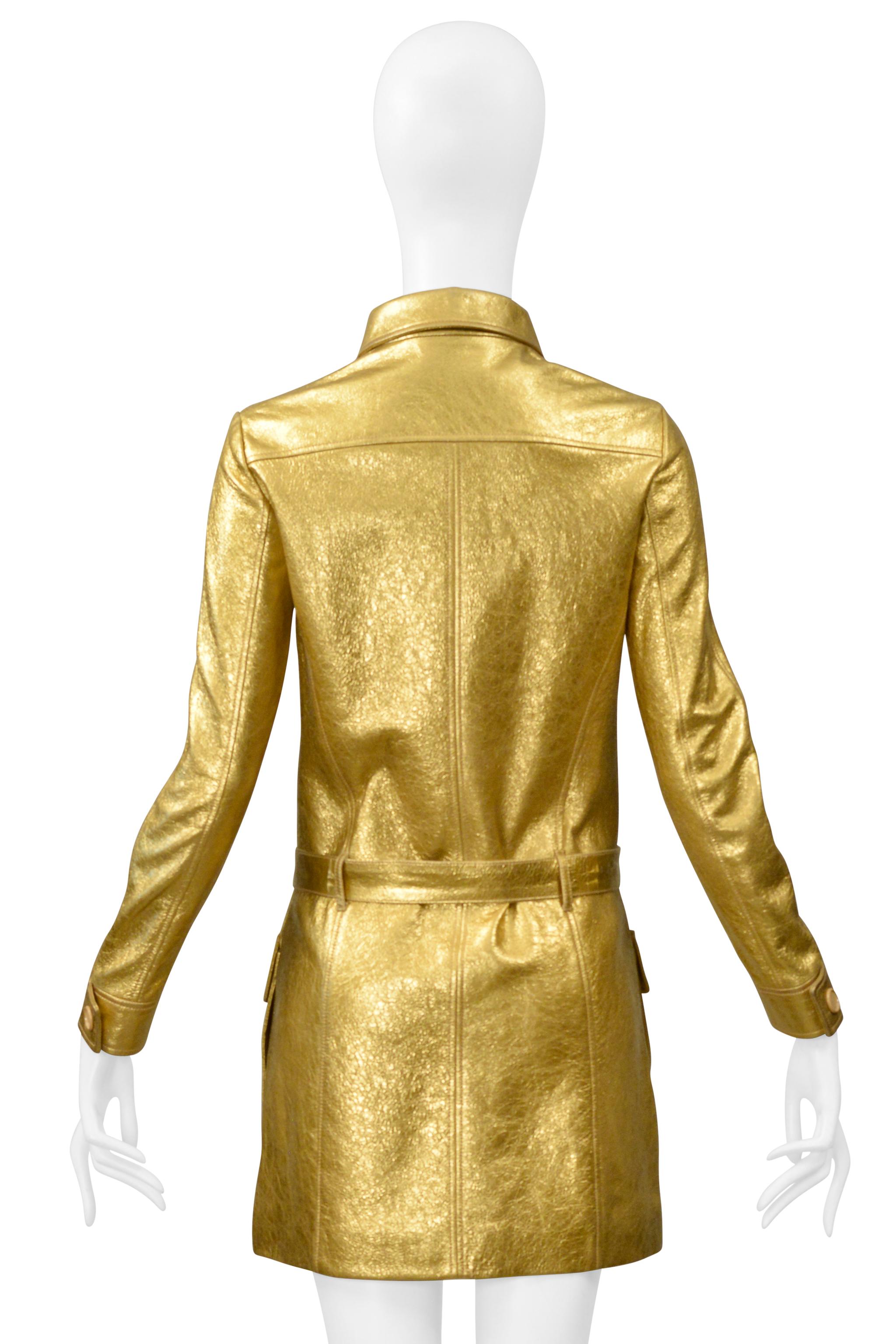 Saint Laurent Paris By Hedi Slimane Gold Leather Moto Mini Dress 2014 For Sale 3