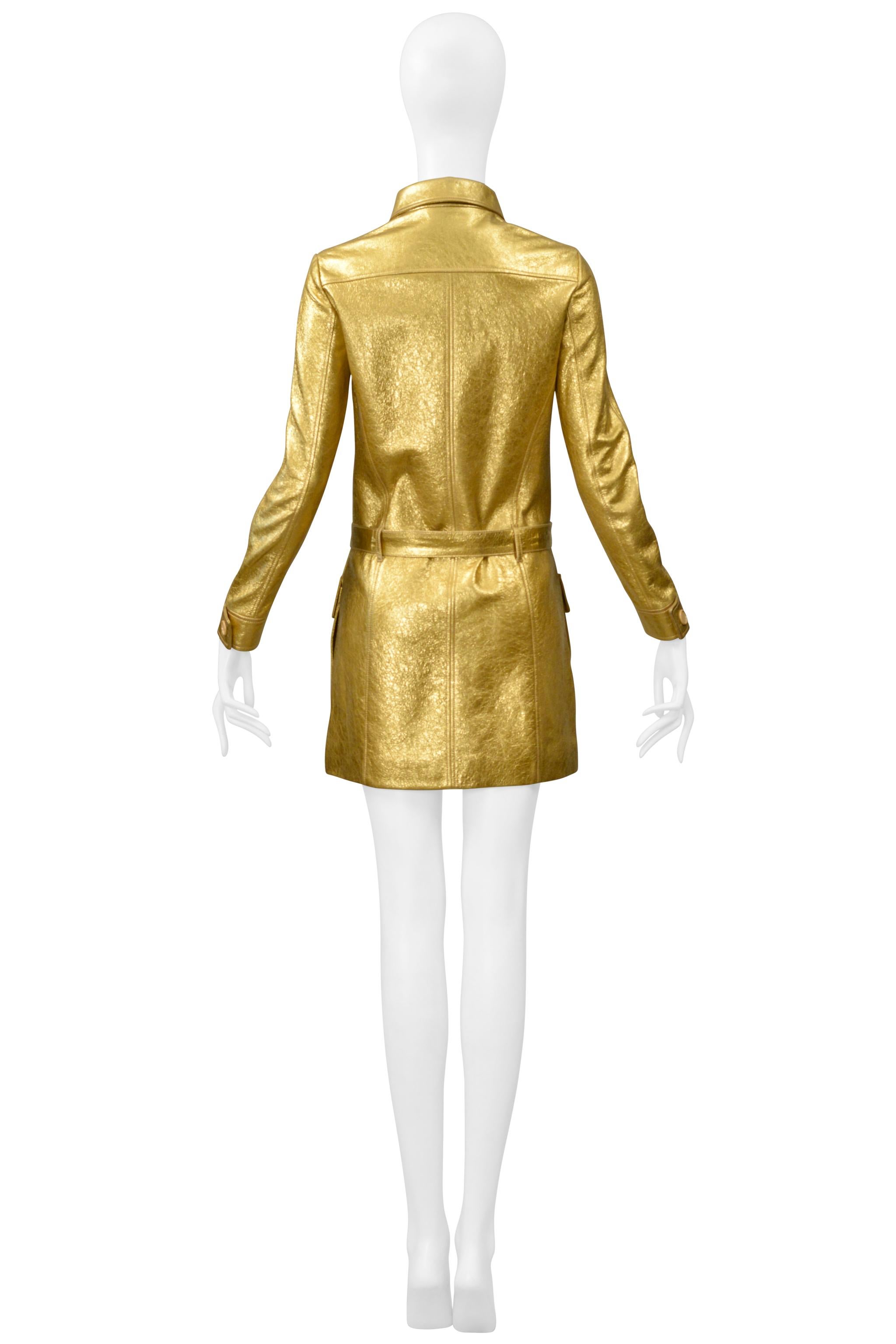 Saint Laurent Paris By Hedi Slimane Gold Leather Moto Mini Dress 2014 For Sale 4