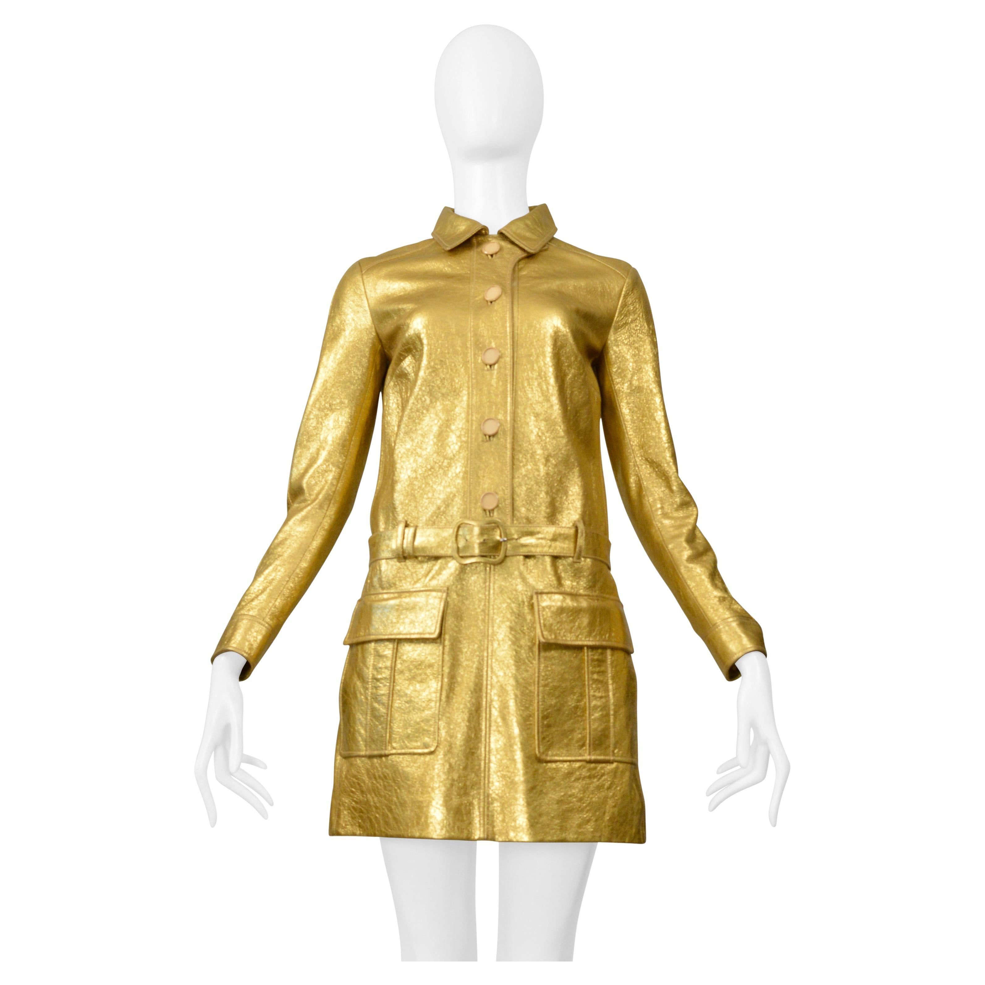 Saint Laurent Paris By Hedi Slimane Gold Leather Moto Mini Dress 2014 For Sale