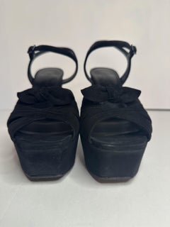Saint Laurent Paris Candy Bow Black Suede Platform Sandals IT 38 US 8 Authentic