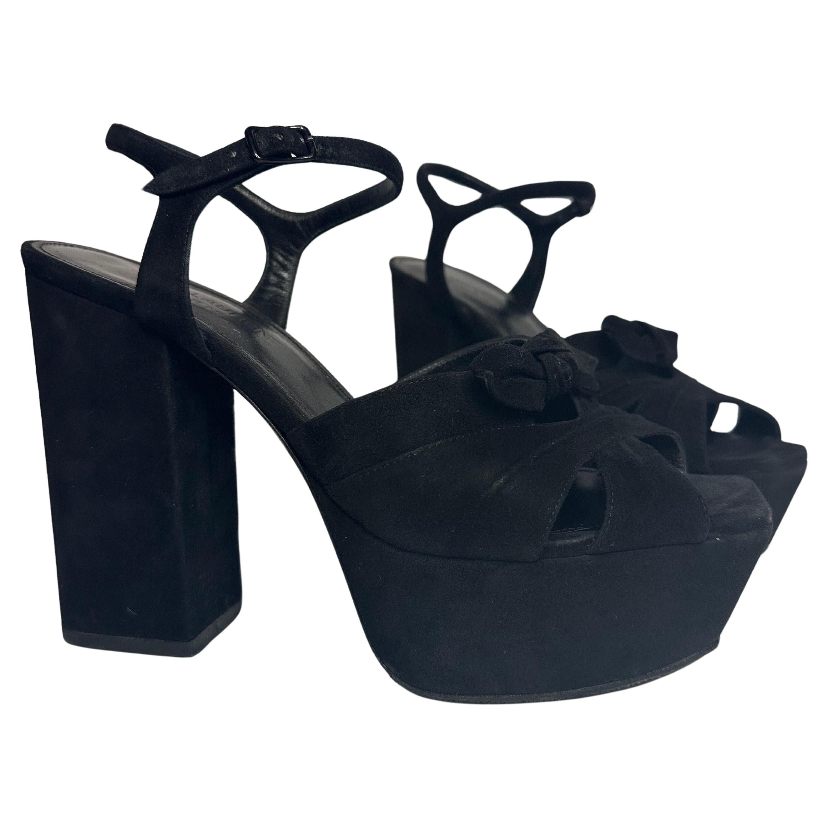 Pre-owned Saint Laurent Paris Candy Bow Black Suede Platform Sandals It 38 Us 8 Authentic