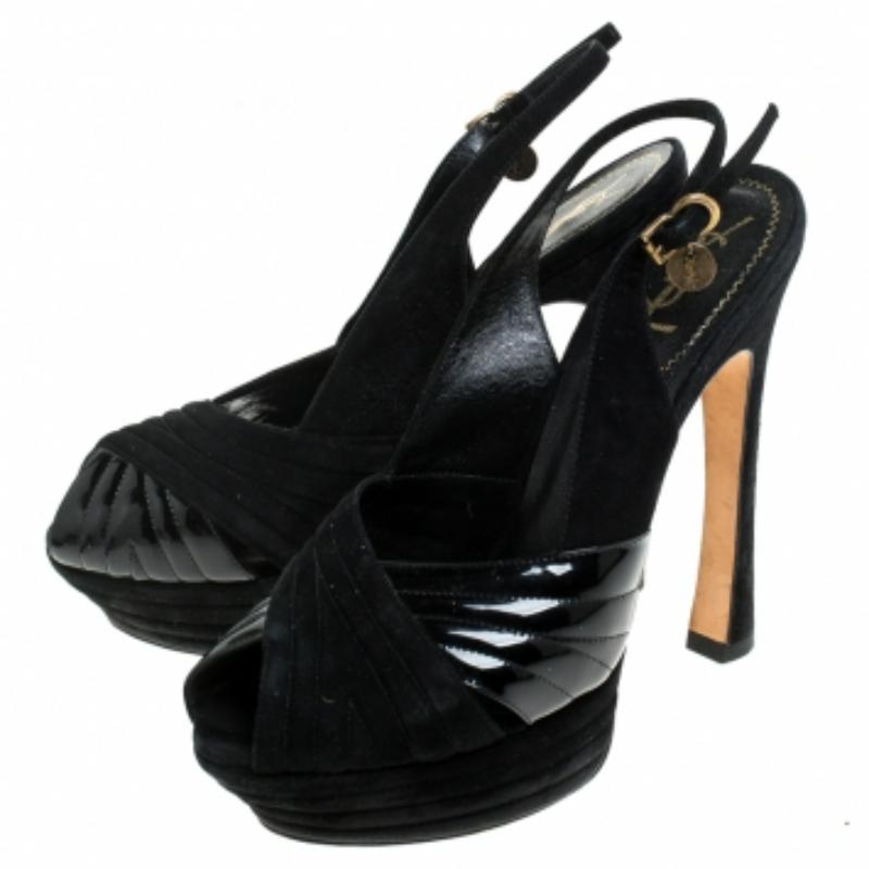 Noir Saint Laurent Paris Criss Cross Suede Patent Leather Platform Sandals Size 40 en vente