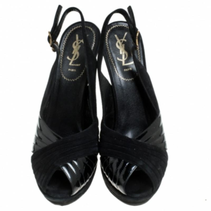 Saint Laurent Paris Criss Cross Suede Patent Leather Platform Sandals Size 40 Bon état - En vente à Dubai, Al Qouz 2