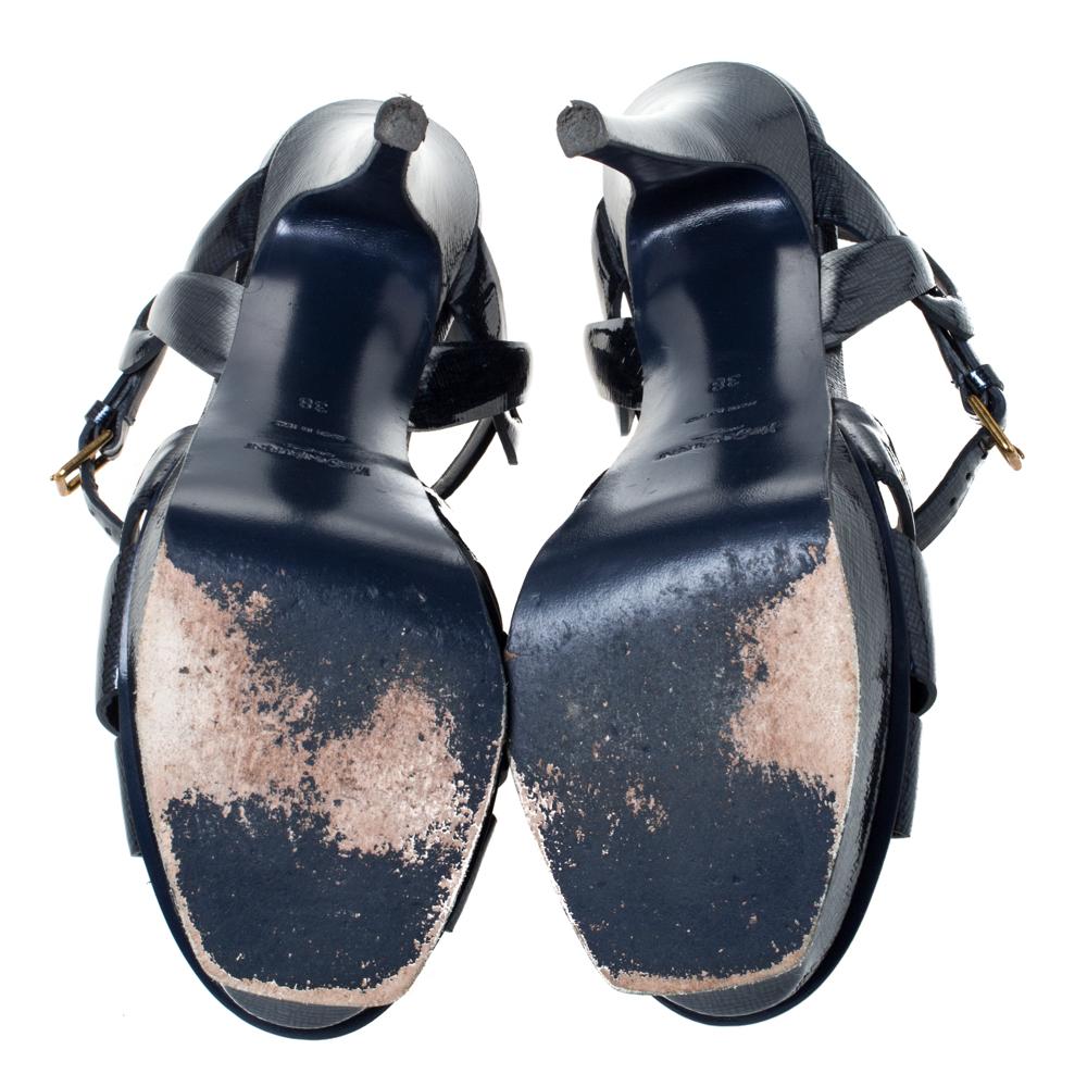Saint Laurent Paris Dark Blue  Tribute Platform Ankle Strap Sandals Size 38 In Good Condition In Dubai, Al Qouz 2