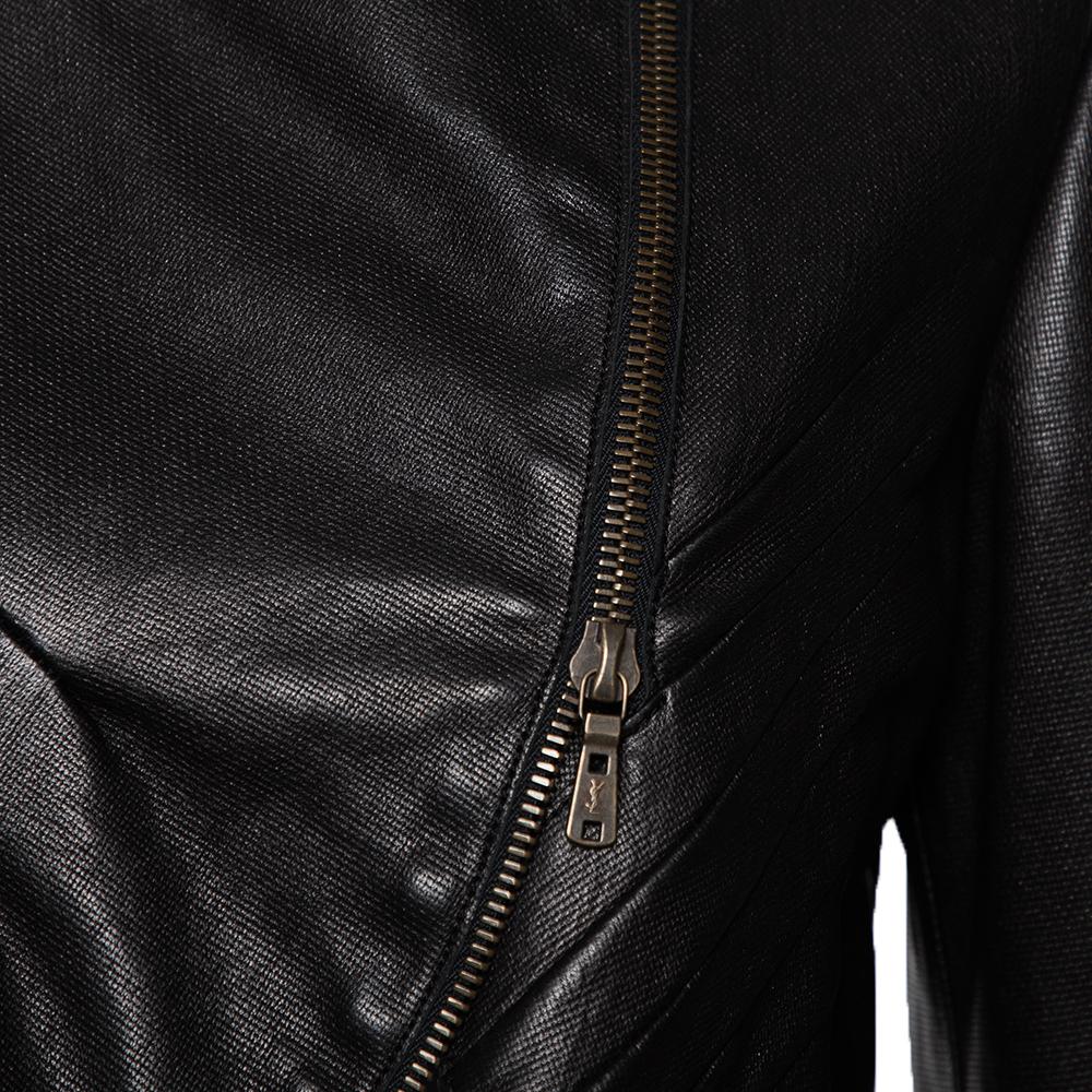 Black Saint Laurent Paris Dark Brown Leather Asymmetric Hem Cropped Jacket M