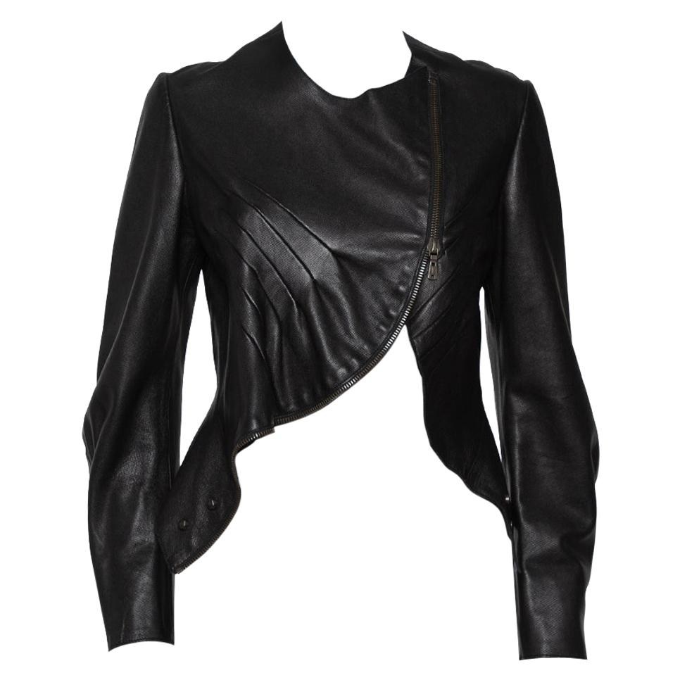 Saint Laurent Paris Dark Brown Leather Asymmetric Hem Cropped Jacket M