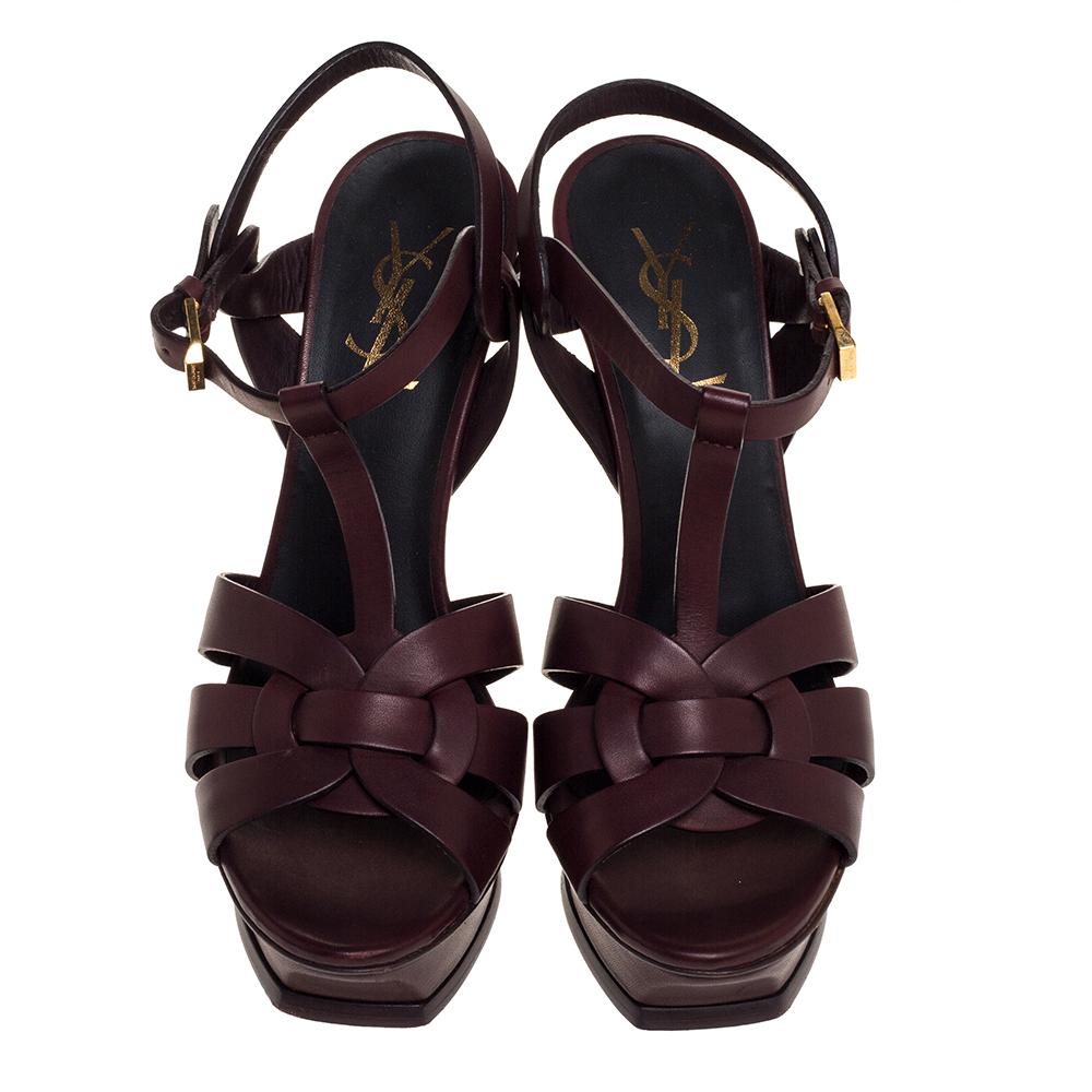 Black Saint Laurent Paris Dark Burgundy Leather Tribute Platform Sandals Size 37.5