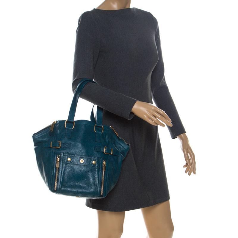 Blue Saint Laurent Paris Dark Teal Leather Downtown Tote