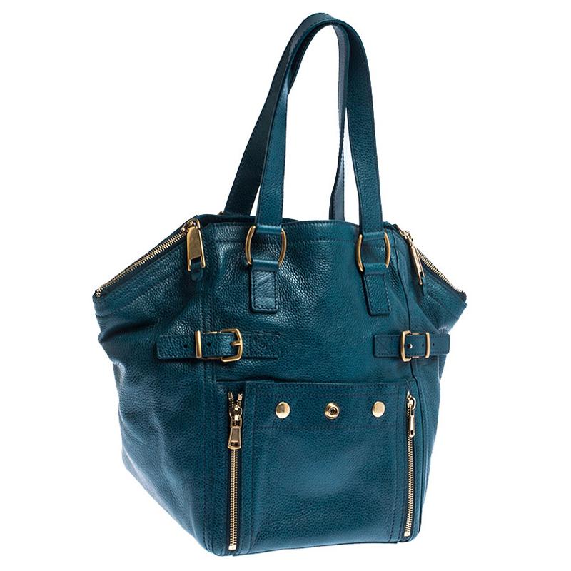 Saint Laurent Paris Dark Teal Leather Downtown Tote In Excellent Condition In Dubai, Al Qouz 2