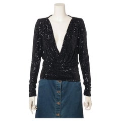 Saint Laurent Paris Top de lentejuelas con cuello en V profundo Negro