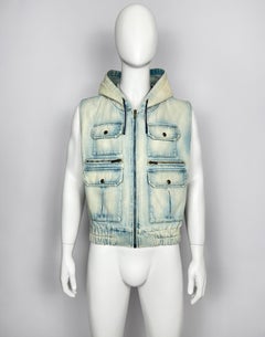 Saint Laurent Paris Distressed Hooded Cargo Denim Bomber Jacket Vest