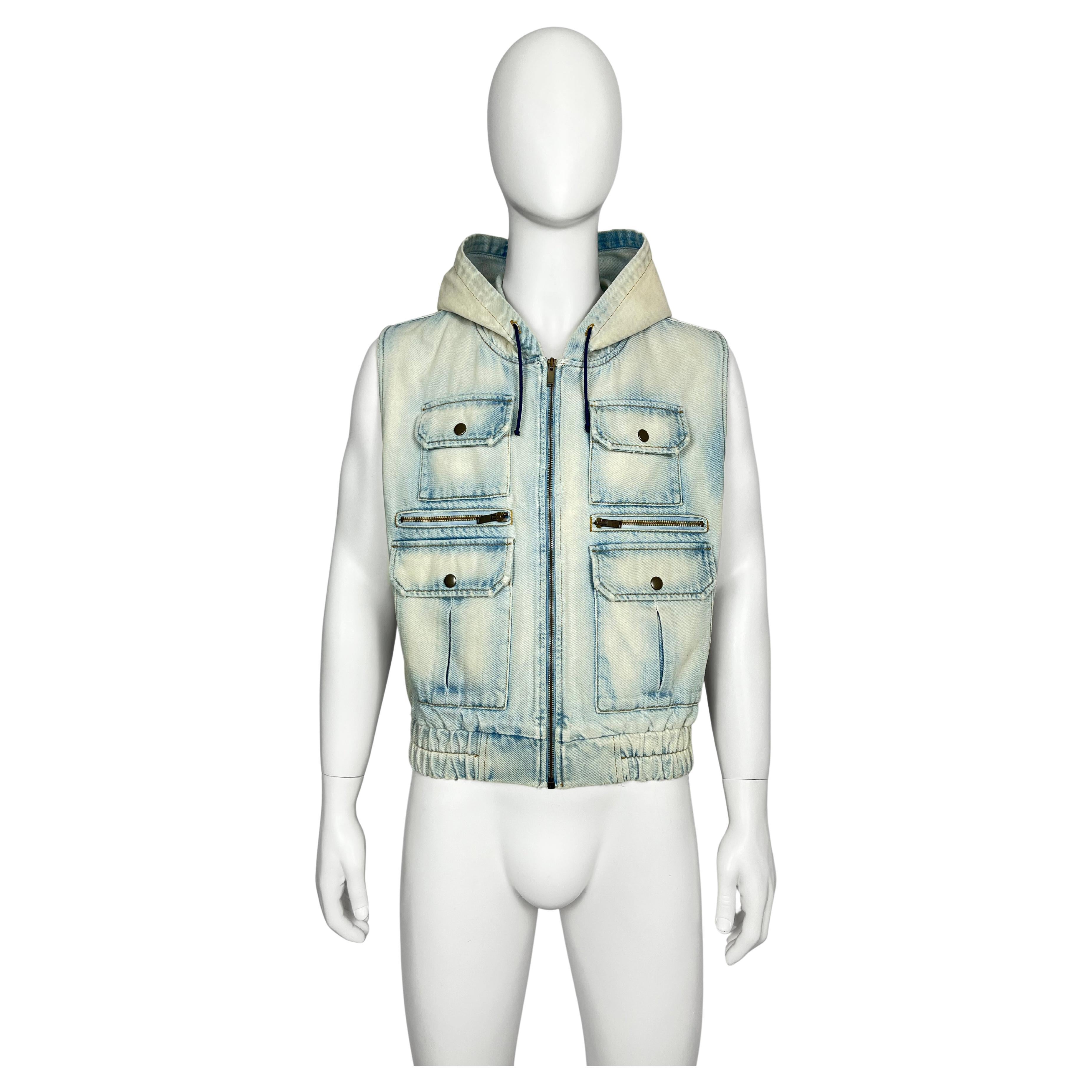 Saint Laurent Paris Distressed Hooded Cargo Denim Bomber Jacket Vest