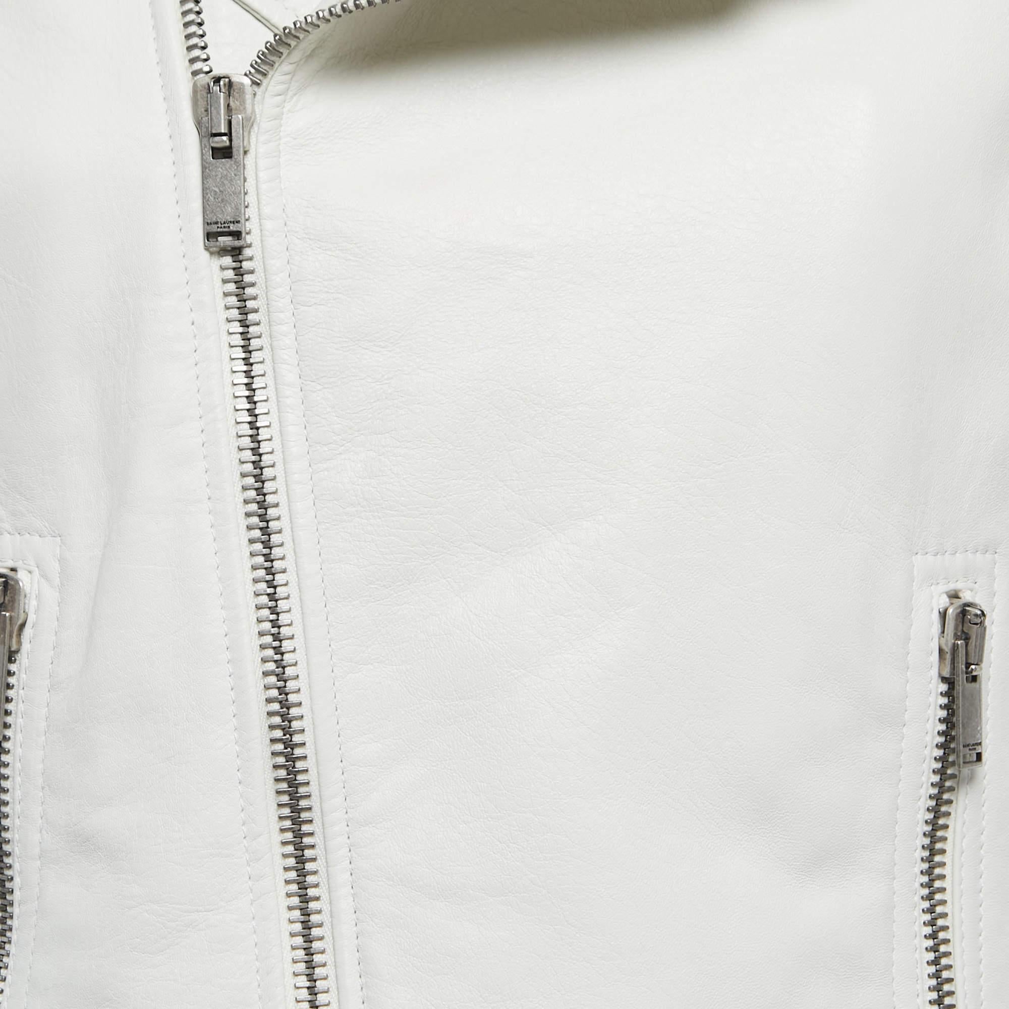 Gray Saint Laurent Paris Dusty White Leather Zip Front Biker Jacket L For Sale