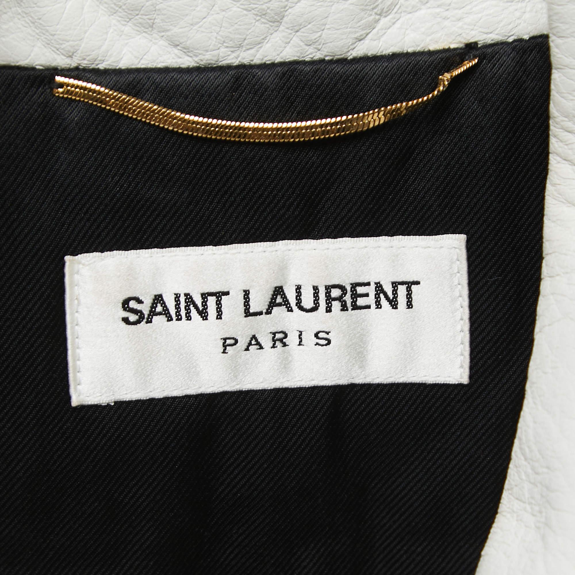 Saint Laurent Paris Dusty White Leather Zip Front Biker Jacket L In Good Condition For Sale In Dubai, Al Qouz 2