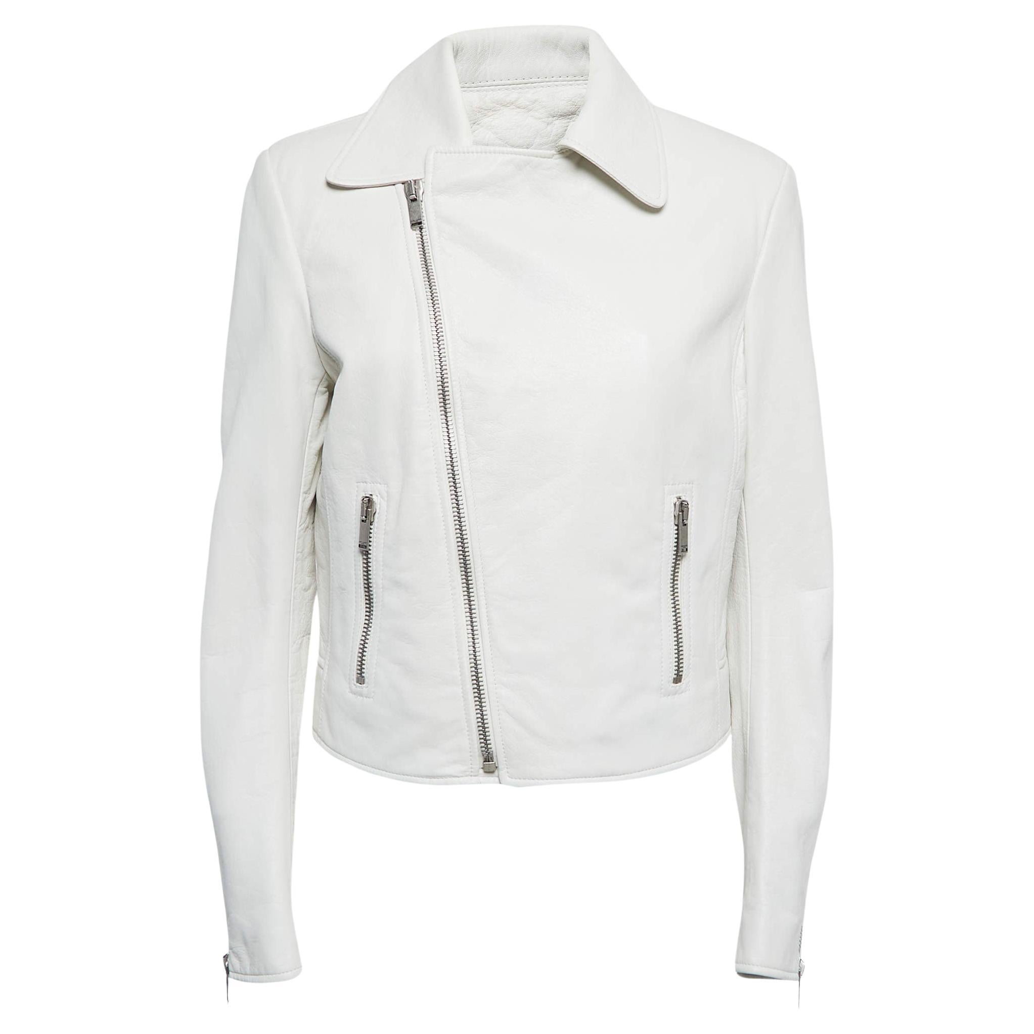 Saint Laurent Paris Dusty White Leather Zip Front Biker Jacket L For Sale