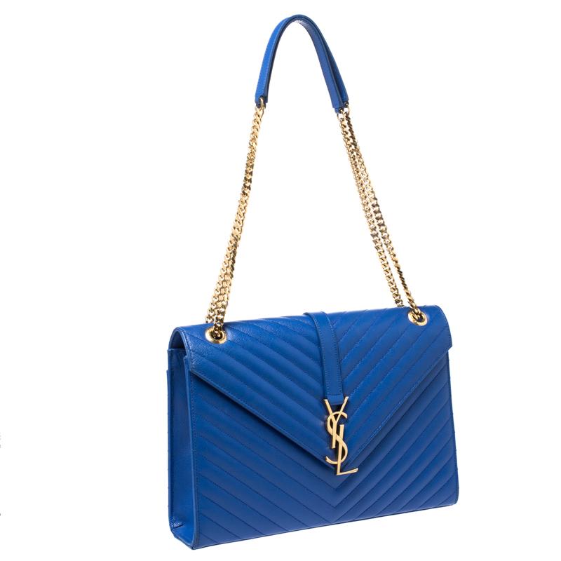 Saint Laurent Paris Electric Blue Matelasse Leather Large Cassandre Flap Bag In Good Condition In Dubai, Al Qouz 2