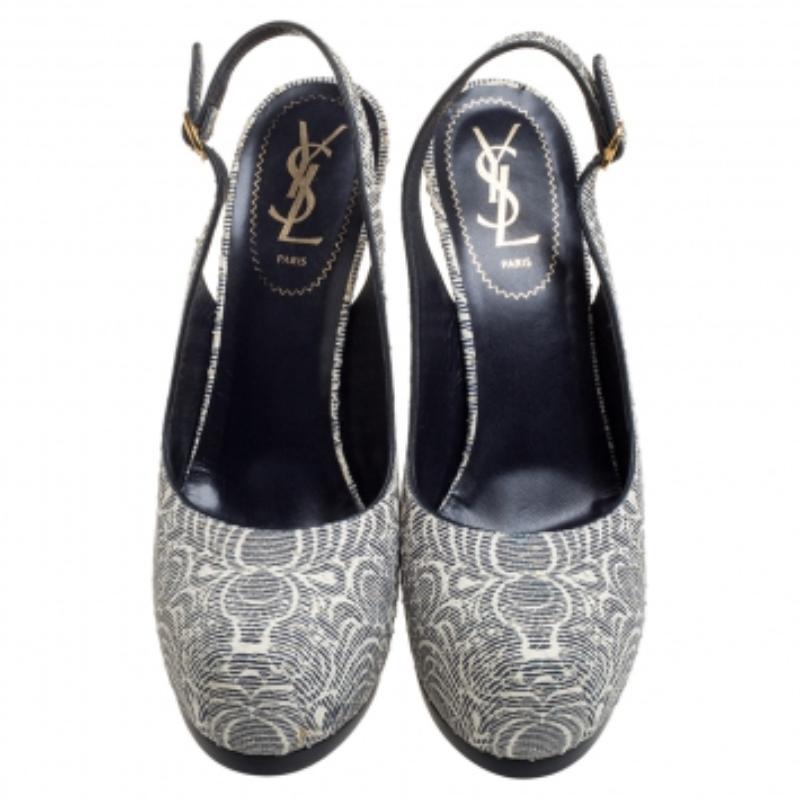 Gray Saint Laurent Paris Embossed Leather Tribtoo Slingback Platform Sandals Size38.5 For Sale