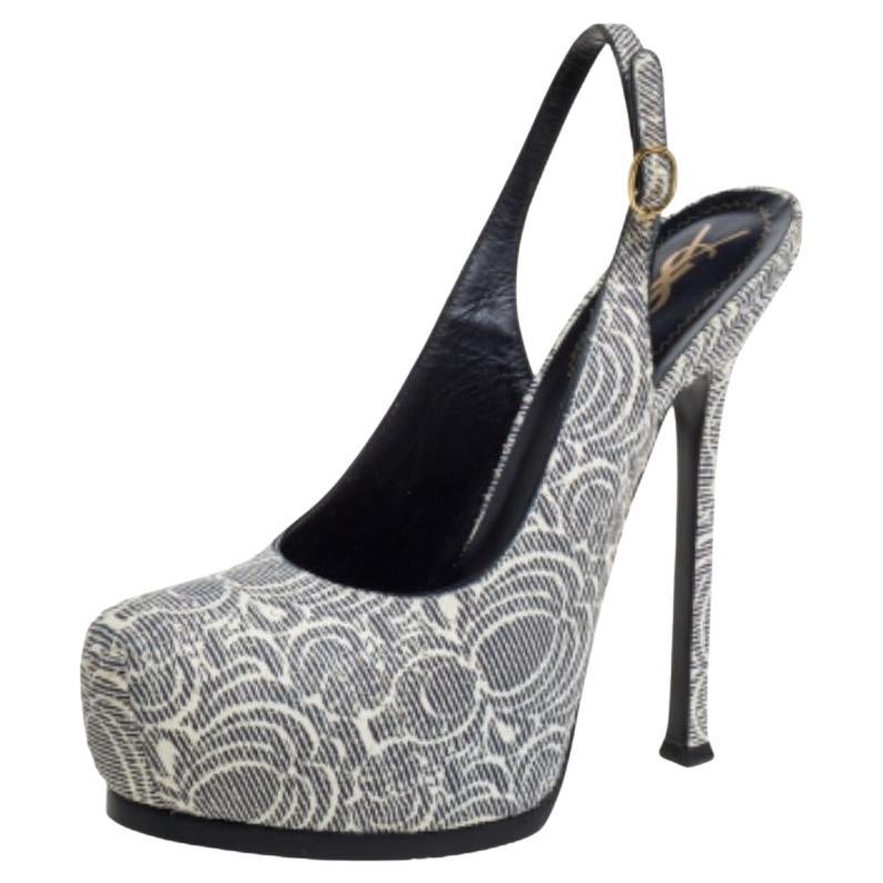 Saint Laurent Paris Embossed Leather Tribtoo Slingback Platform Sandals Size38.5 For Sale