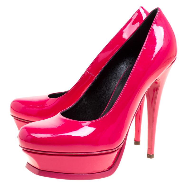 Saint Laurent Paris Fuschia Pink Patent Leather Tribute Platform Pumps Size 39 2