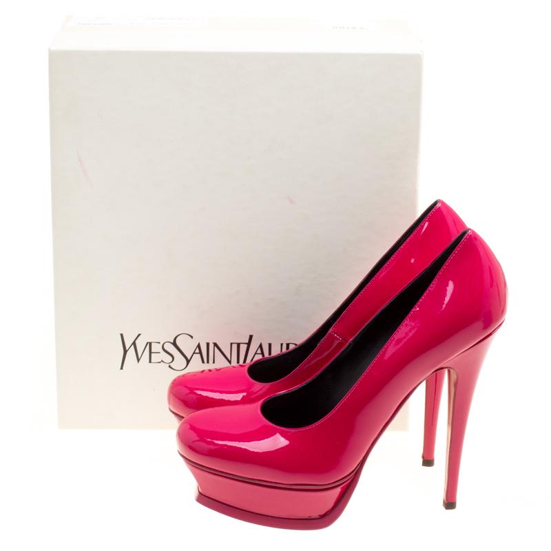 Saint Laurent Paris Fuschia Pink Patent Leather Tribute Platform Pumps Size 39 1