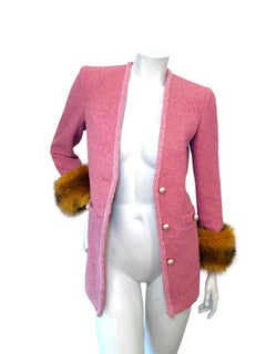 Saint Laurent Paris FW2021 Pink Tweed Jacket with Faux Fur Cuffs FR 38