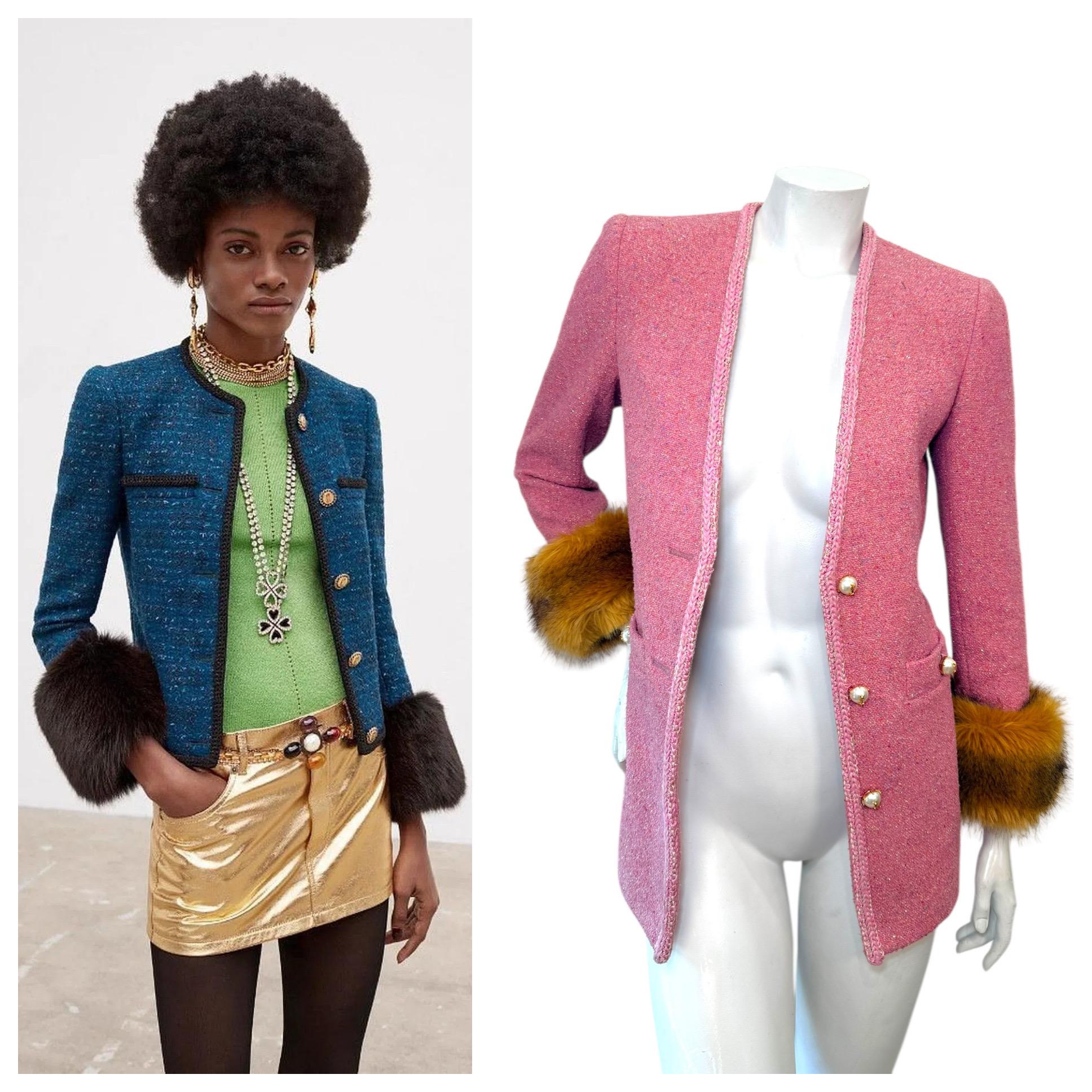 Saint Laurent Paris FW2021 Pink Tweed Jacket with Faux Fur Cuffs FR 38 For Sale