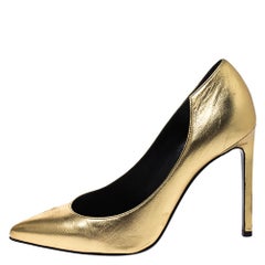 Saint Laurent Paris Gold Leather Clara Pointed Toe Pumps Size 36.5
