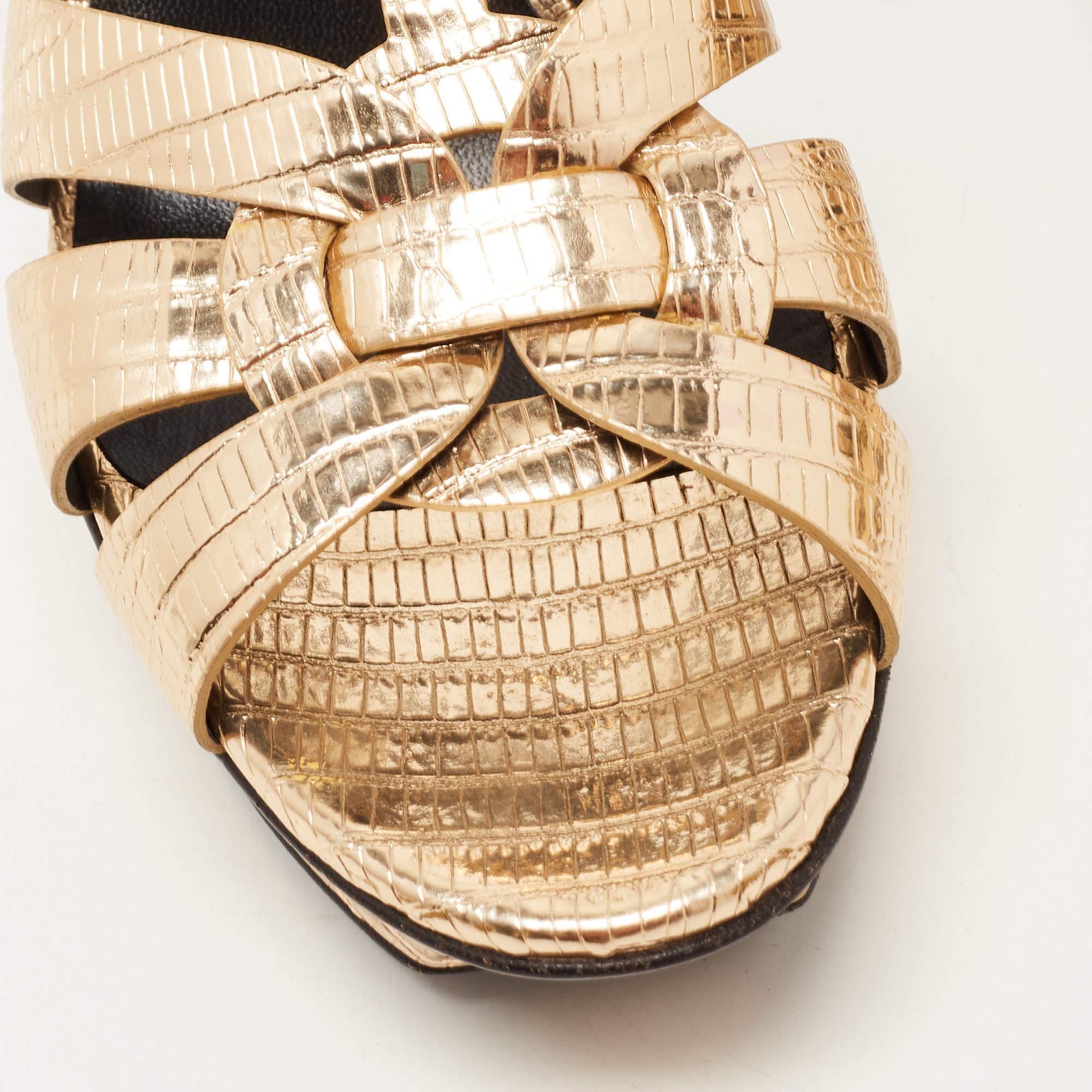 Saint Laurent Paris Gold Lizard Embossed Leather Tribute Sandals Size 40 3