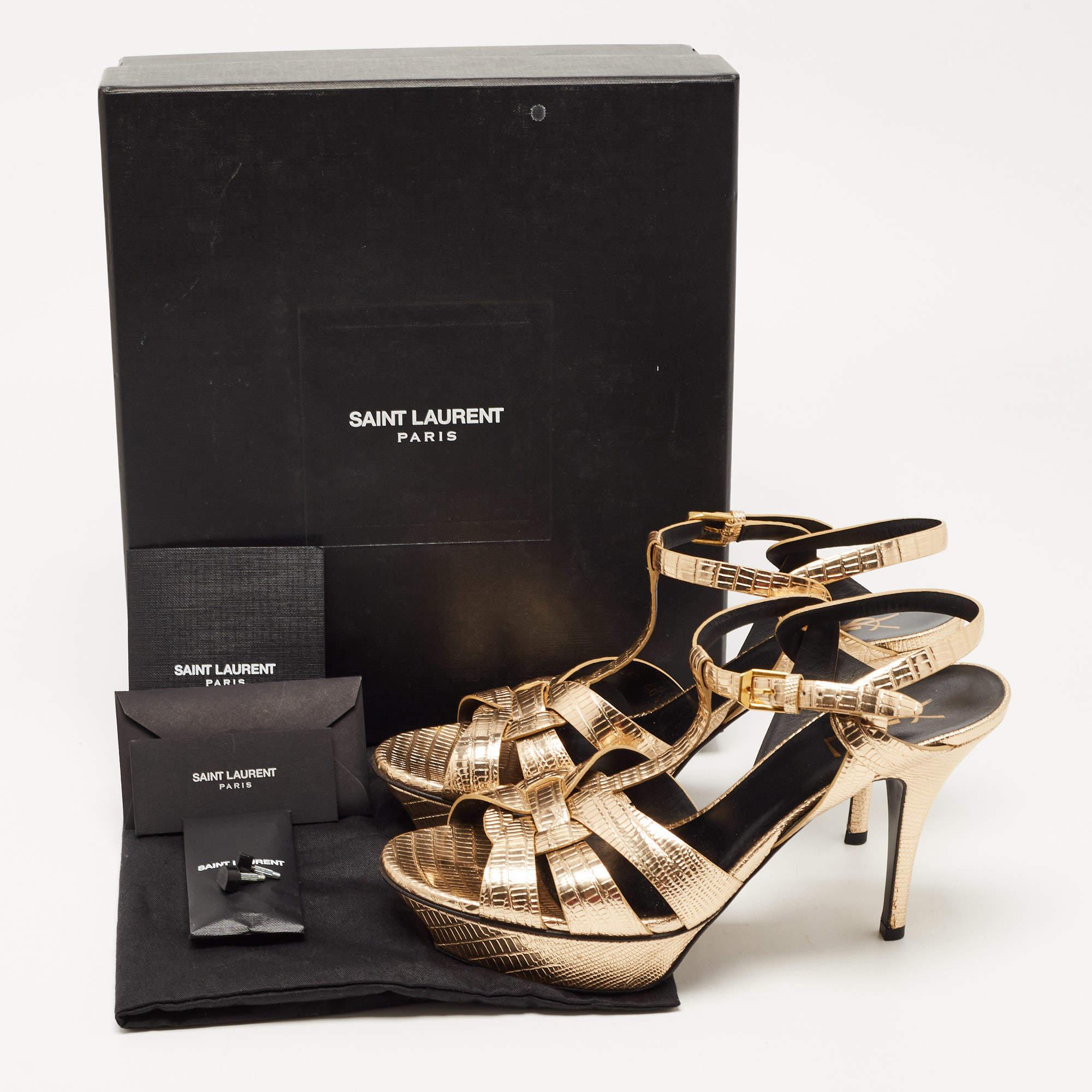 Saint Laurent Paris Gold Lizard Embossed Leather Tribute Sandals Size 40 5