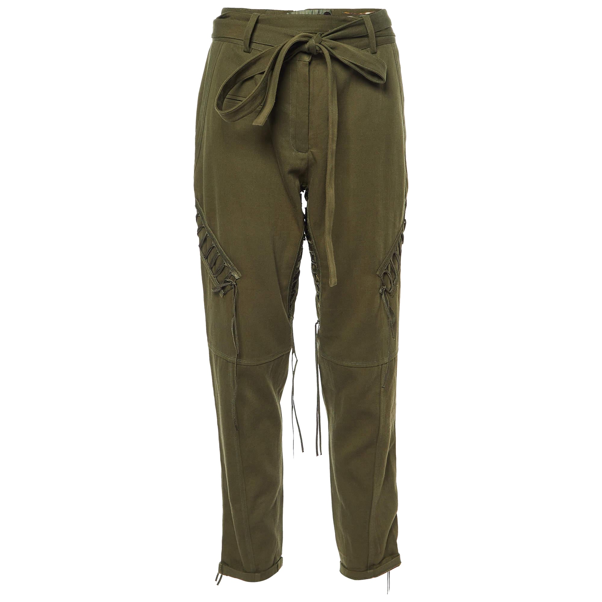 Pantalon militaire Saint Laurent Paris vert en coton mélangé avec dentelle nouée M en vente