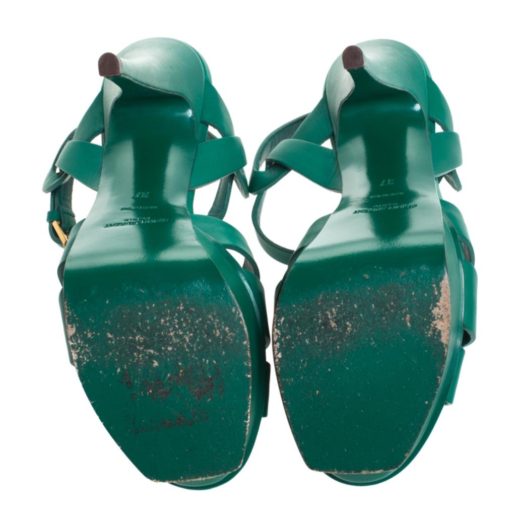 Saint Laurent Paris Green Leather Tribute Platform Ankle Strap Sandals Size 37 In Good Condition In Dubai, Al Qouz 2