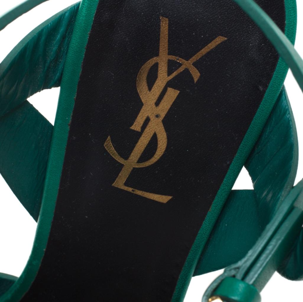 Women's Saint Laurent Paris Green Leather Tribute Platform Ankle Strap Sandals Size 37