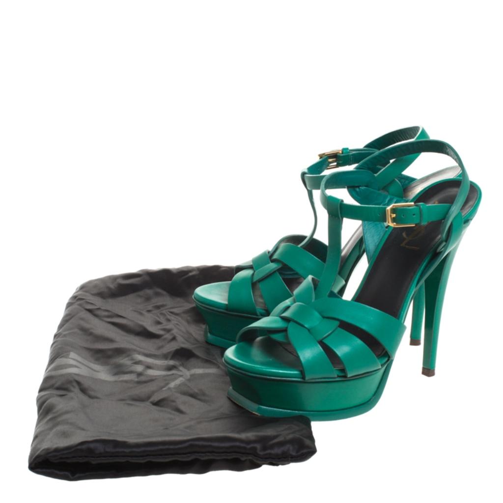 Saint Laurent Paris Green Leather Tribute Platform Ankle Strap Sandals Size 37 1