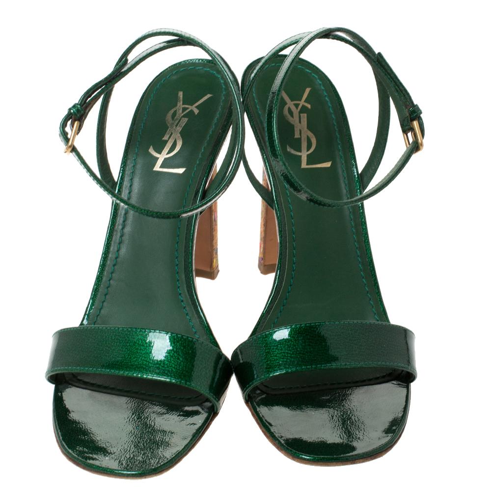 Black Saint Laurent Paris Green Patent Leather Multicolor \ Ankle Strap Sandal Size 40