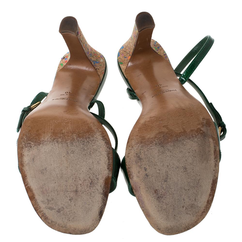 Saint Laurent Paris Green Patent Leather Multicolor \ Ankle Strap Sandal Size 40 In Good Condition In Dubai, Al Qouz 2