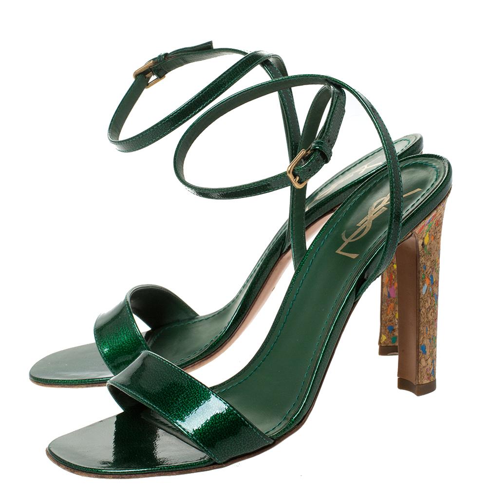 Saint Laurent Paris Green Patent Leather Multicolor \ Ankle Strap Sandal Size 40 2