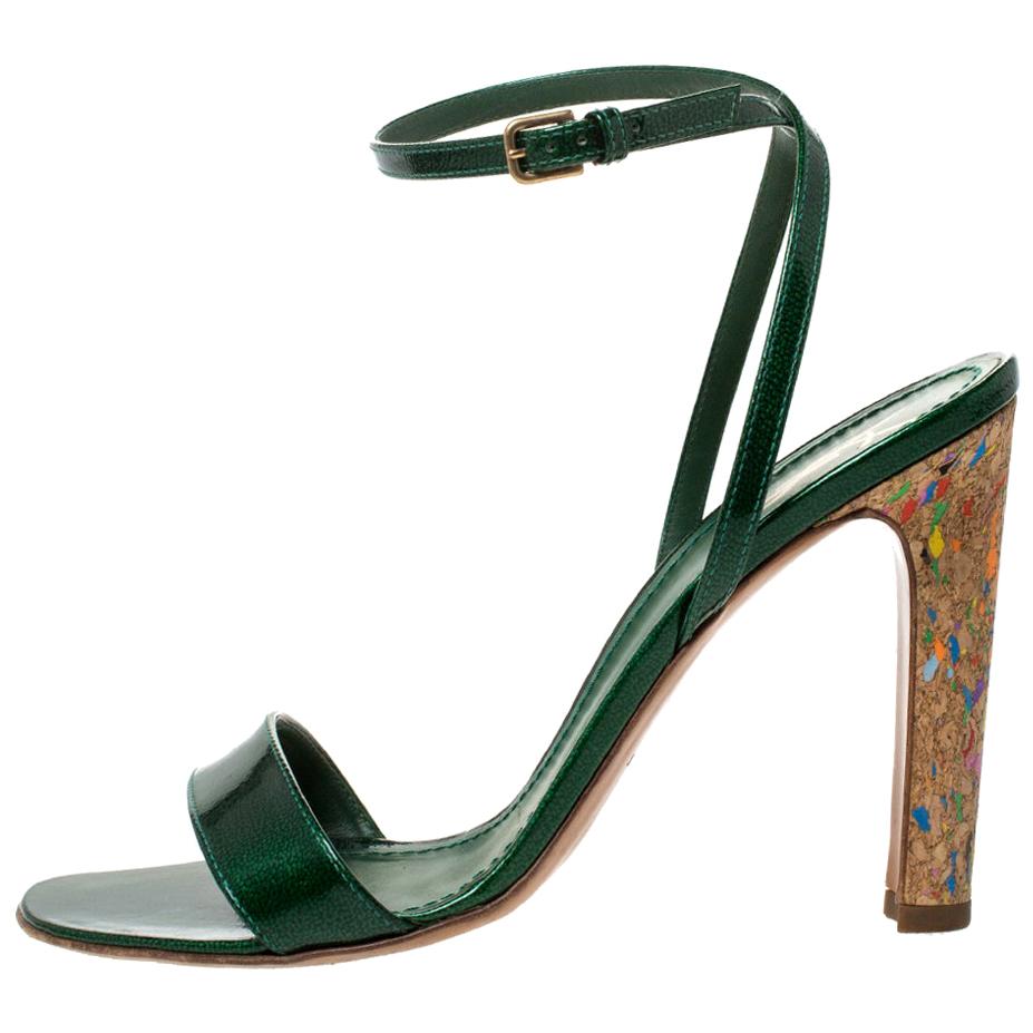 Saint Laurent Paris Green Patent Leather Multicolor \ Ankle Strap Sandal Size 40