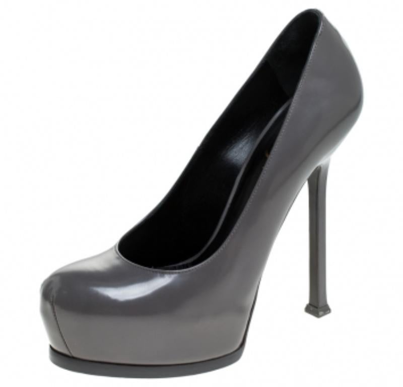 Saint Laurent Paris - Escarpins à plateforme Tribtoo en cuir verni gris - Taille 37 en vente 1