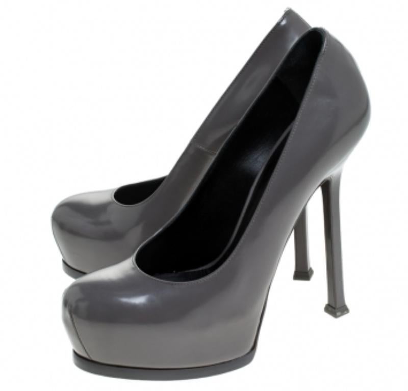 Saint Laurent Paris - Escarpins à plateforme Tribtoo en cuir verni gris - Taille 37 en vente 2