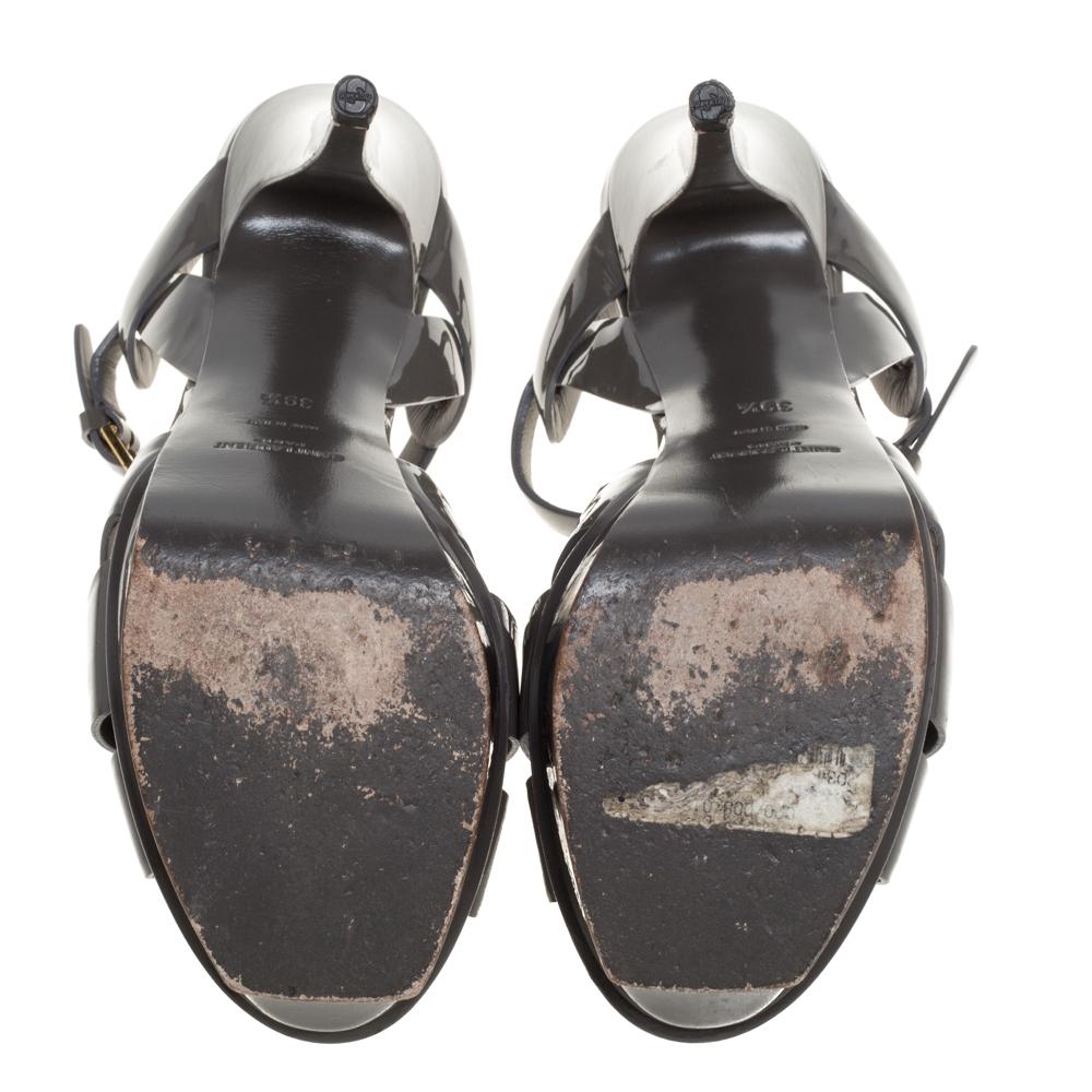 Saint Laurent Paris Grey Patent Leather Tribute Platform Sandals Size 39.5 In Good Condition In Dubai, Al Qouz 2