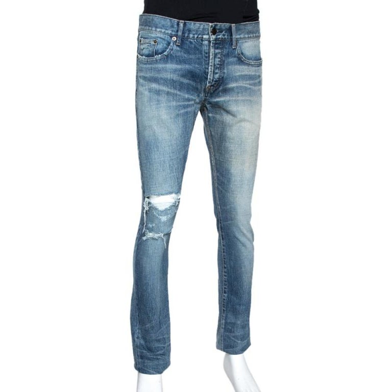 Saint Laurent Paris Indigo Washed Denim Distressed Slim Fit Jeans S For  Sale at 1stDibs