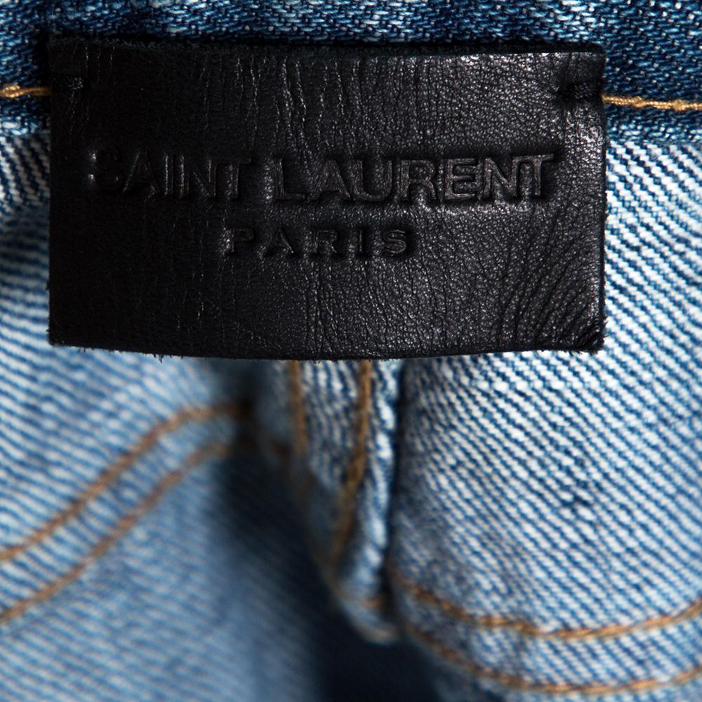Gray Saint Laurent Paris Indigo Washed Denim Distressed Slim Fit Jeans S For Sale