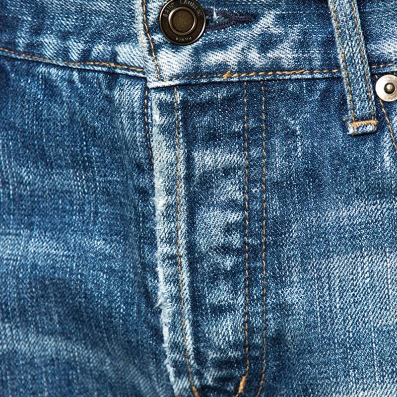 Saint Laurent Paris Indigo Washed Denim Distressed Slim Fit Jeans S In Good Condition For Sale In Dubai, Al Qouz 2