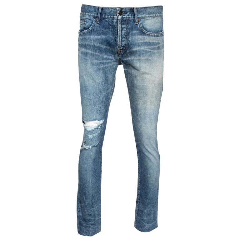 Saint Laurent Paris Indigofarbene gewaschene Denim Distressed Slim Fit Jeans S