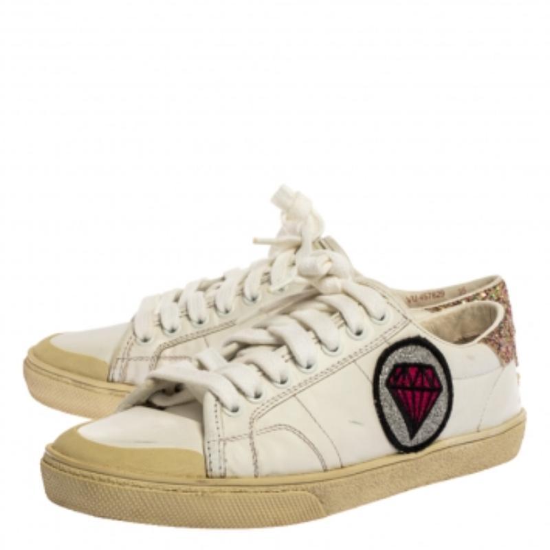 Beige Saint Laurent Paris Leather Classic SL/37 Diamond Patch Low Top Sneakers Size 35 For Sale